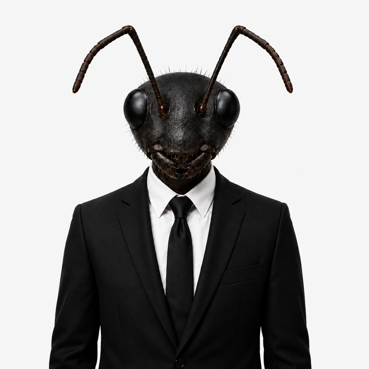QUANT: an ant head wearing a black suit, white shirt and black tie