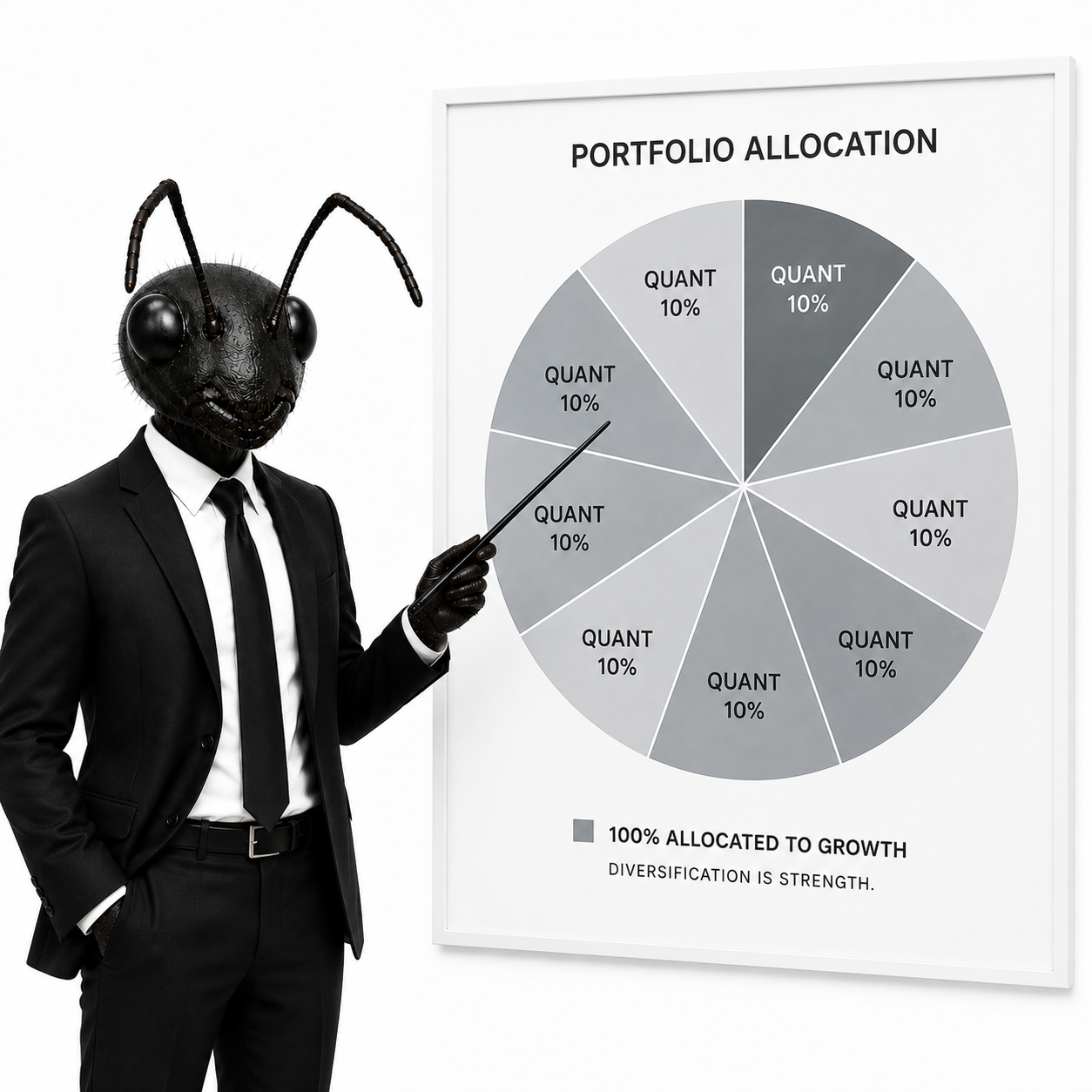 Ant in a suit presenting a portfolio allocation pie chart