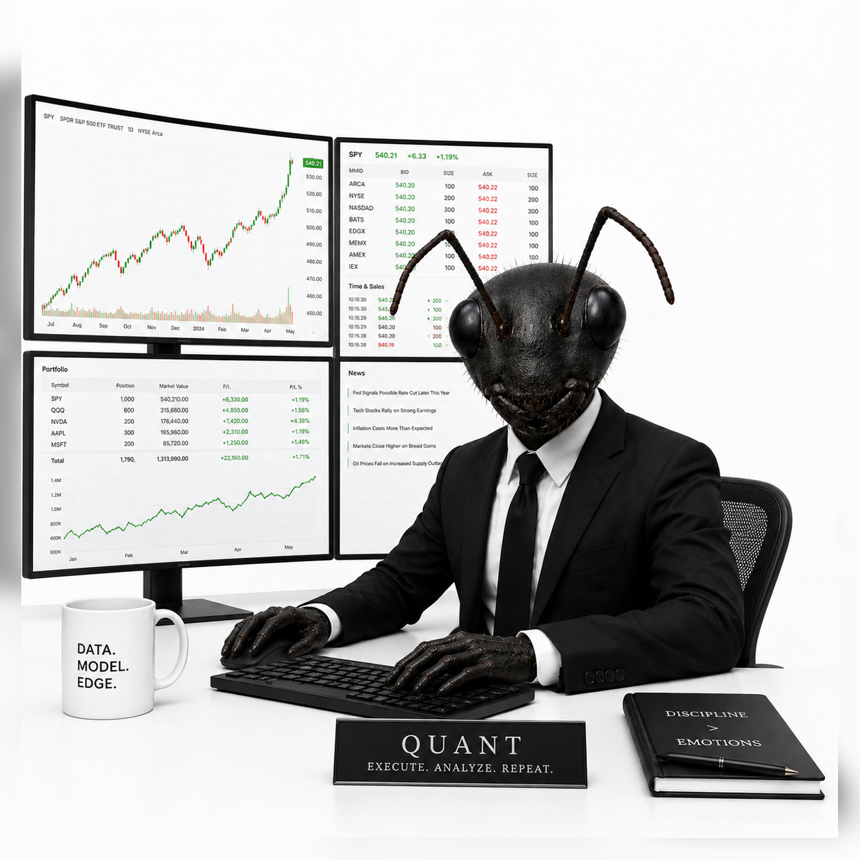 Ant in a suit trading at a six-monitor desk