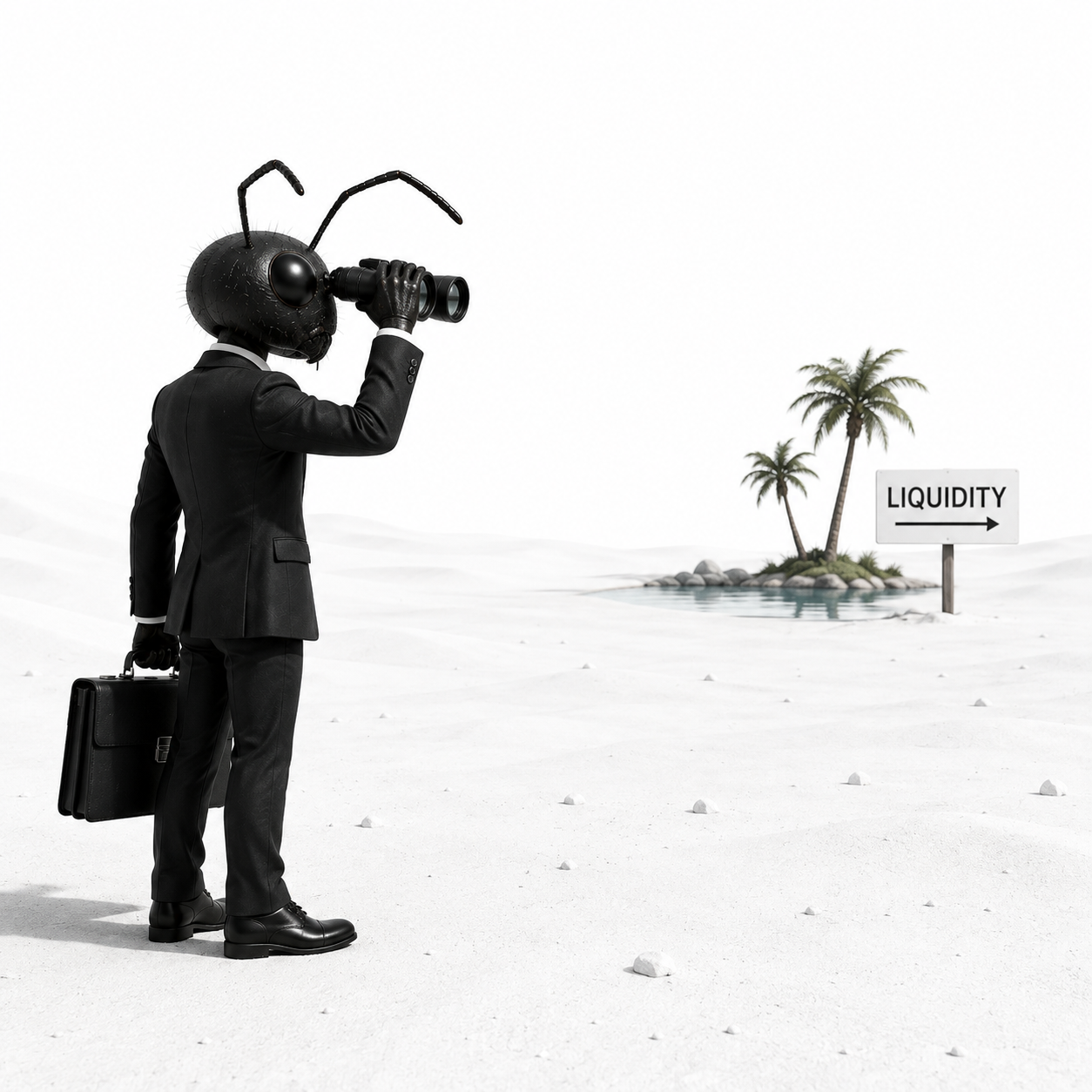 Ant in a suit spotting a liquidity oasis through binoculars