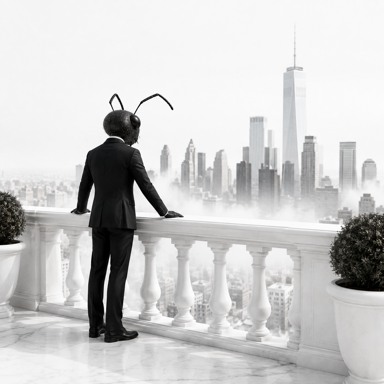 Ant in a suit on a balcony overlooking the city skyline